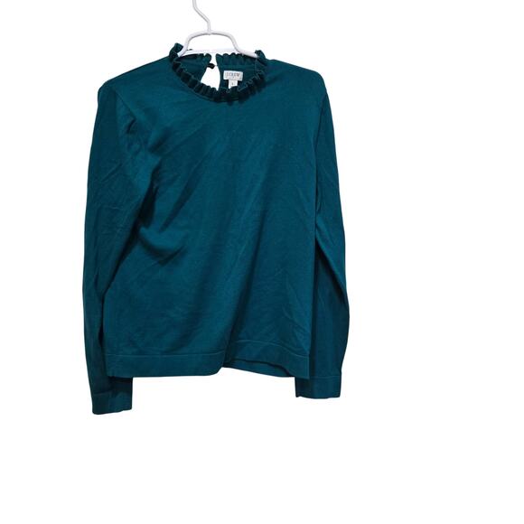 J.Crew Factory Large Teal Ruffle Mock Neck Long Sleeve Cotton Top - Picture 1 of 10